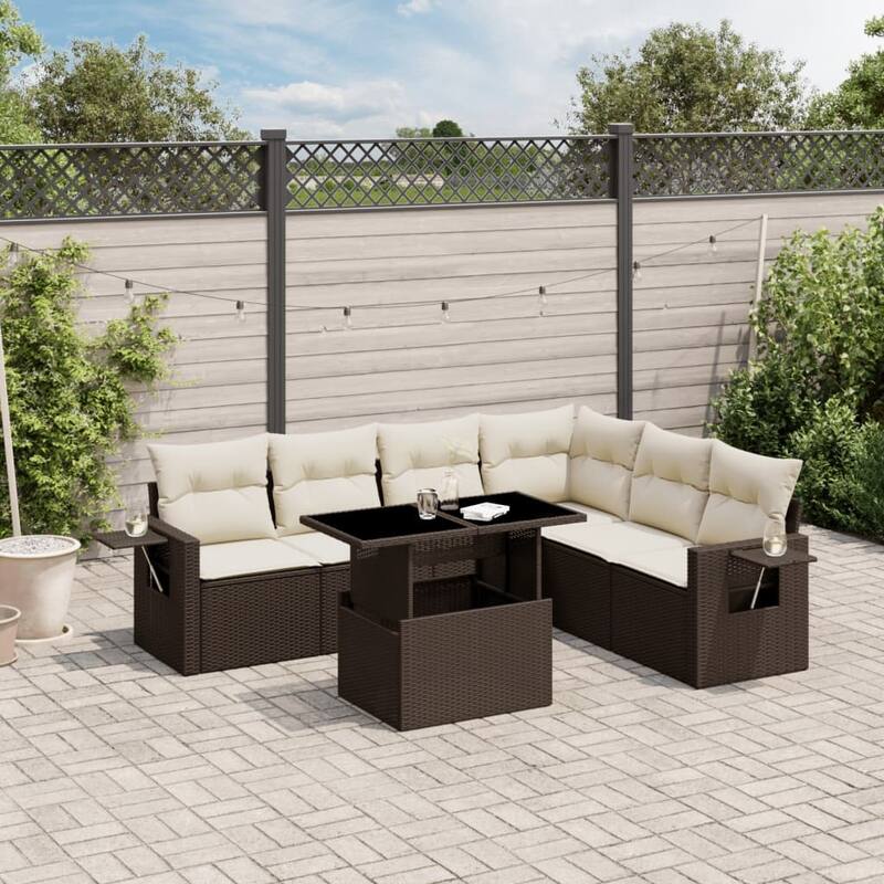 vidaXL Patio Sofa Set with Cushions Outdoor Furniture 7 Piece Poly Rattan - 21.7 x 39.4 x 28.7 - Brown and Cream-without storage