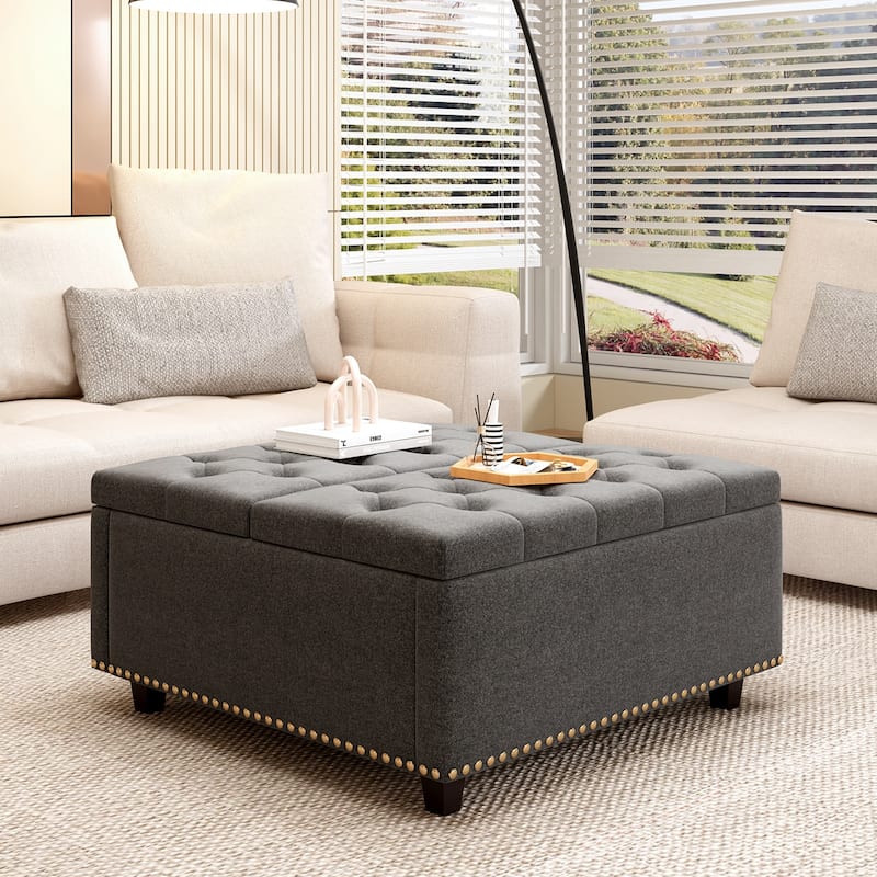 Sturdy Oversized Ottoman Bench, Cotton Linen Fabric, Double Door Storage, Living Room Furniture