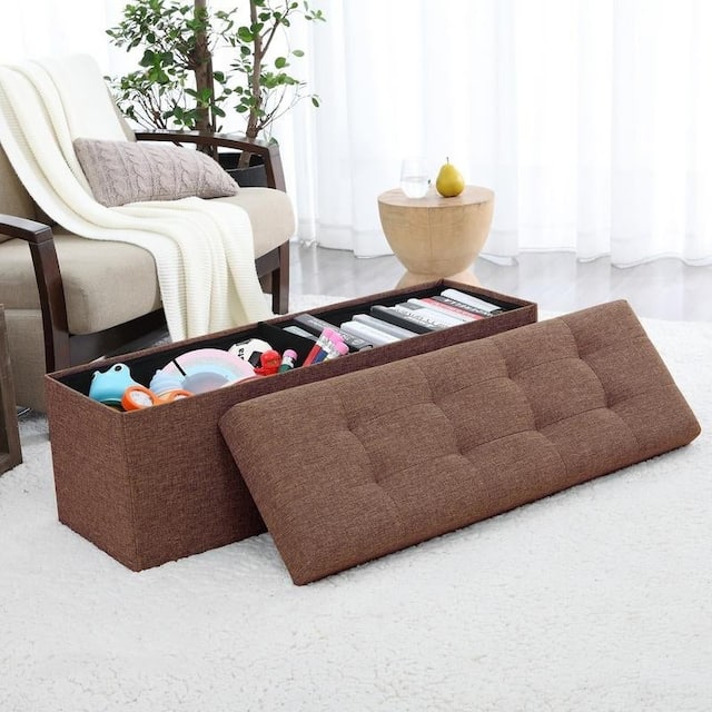 Foldable Tufted Linen Storage Ottoman Bench