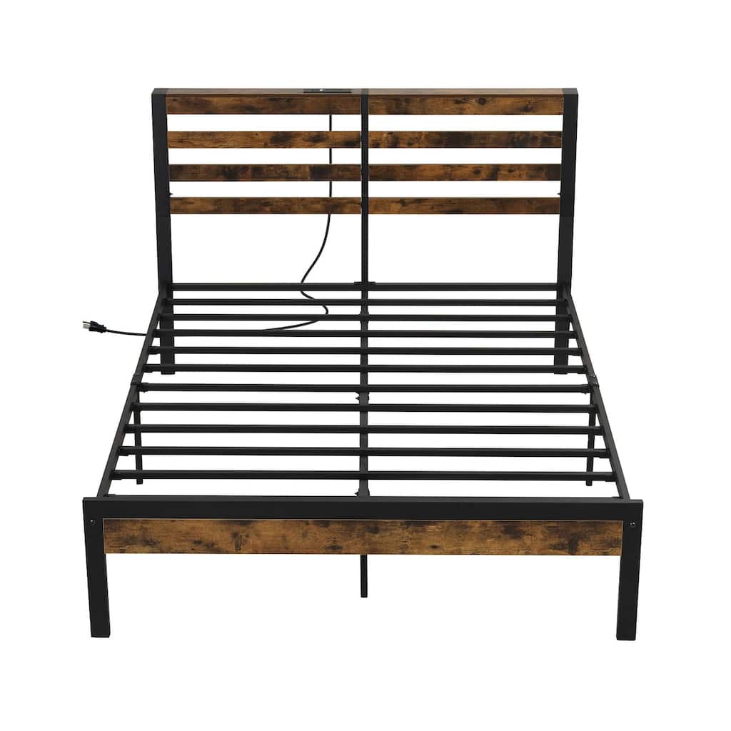 Bed Frame with Charging Station and Storage Headboard