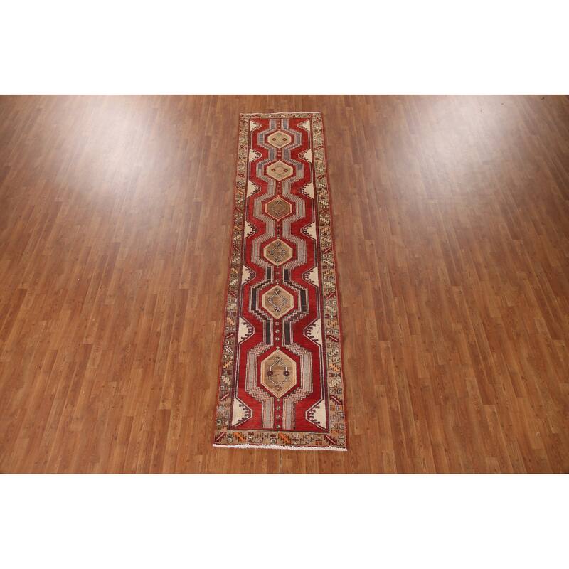 Red Ardebil Persian Runner Rug Handmade Vintage Wool Carpet - 3'0"x 12'0"