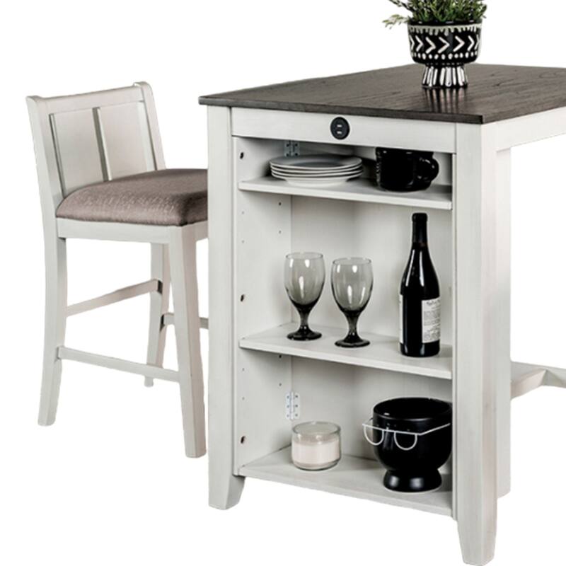 Lessi 3pc Counter Height Table Set with Side Shelf, USB , White Gray Wood