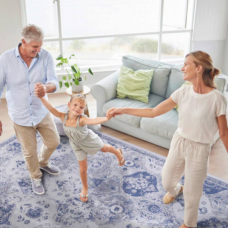 MAVAL Blue Washable Non-Shedding Area Rug