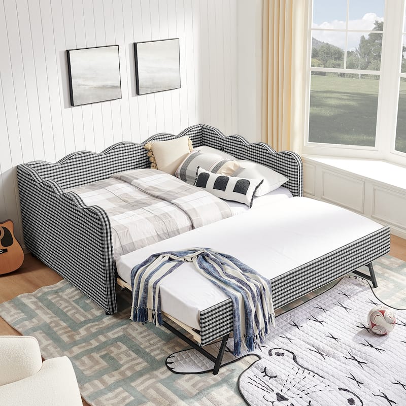 Full Size Gingham Daybed with Twin Trundle, USB Port, Wave Shaped Design & Linen Fabric - No Box Spring Needed - Black - Full