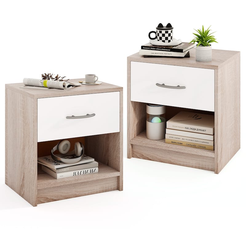 Gymax 2 PCS Nightstand w/ Drawer Side Table w/ Slide-out Drawer Open - Natural & White