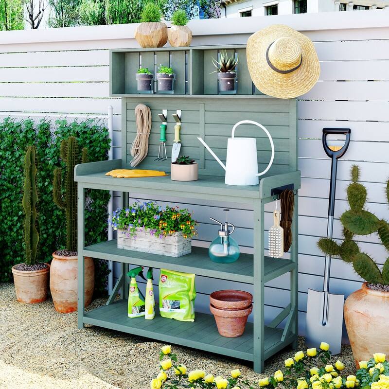 65" Large Wooden Farmhouse Rustic Outdoor Potting Bench Table, Patio Workstation with 4 Storage Shelves and Side Hook