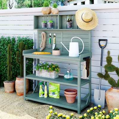 Outdoor Garden Potting Bench Table,Garden Potting Benches for Outside, Wooden Patio Workstation w/ 4 Storage Shelves & Side Hook