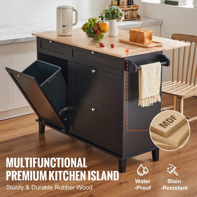 Kitchen Island Cart Storage Cabinet Serving with Drop Leaf, Drawer & Trash Cabinet