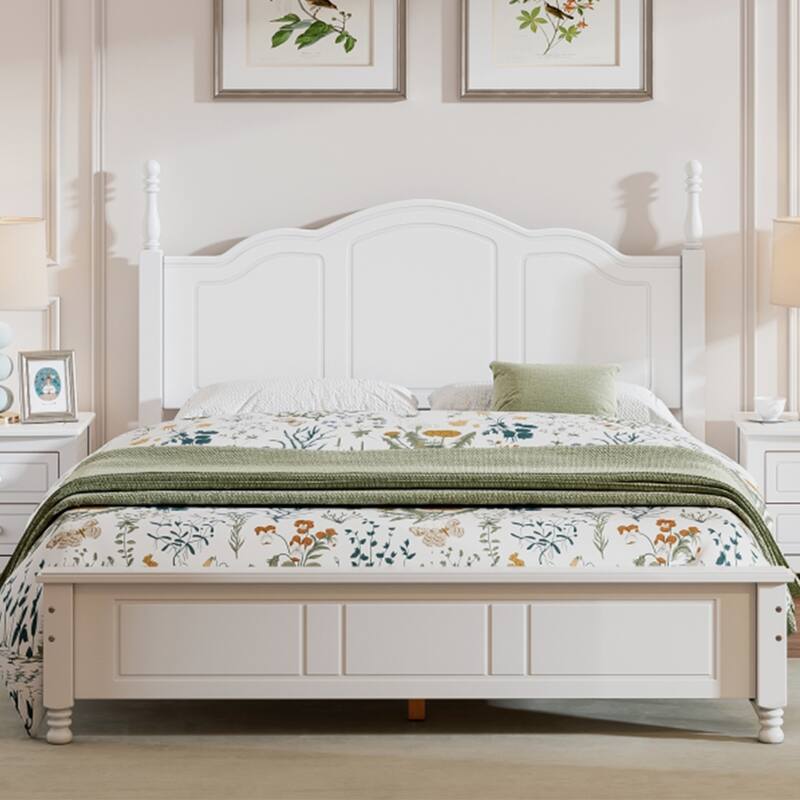 Wood Queen/Full Size Wood Platform Bed with Wooden Slat Support - White - Queen