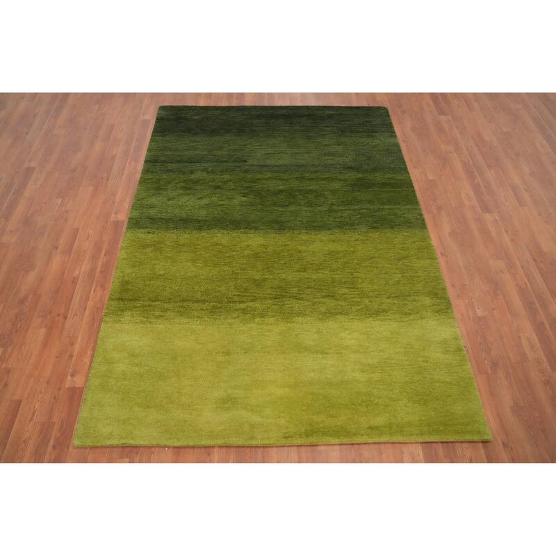 Hand Knotted Oriental 100% Wool Carpet Modern Stripe Green Gabbeh Area Rug - 7' 10'' X 5' 7''
