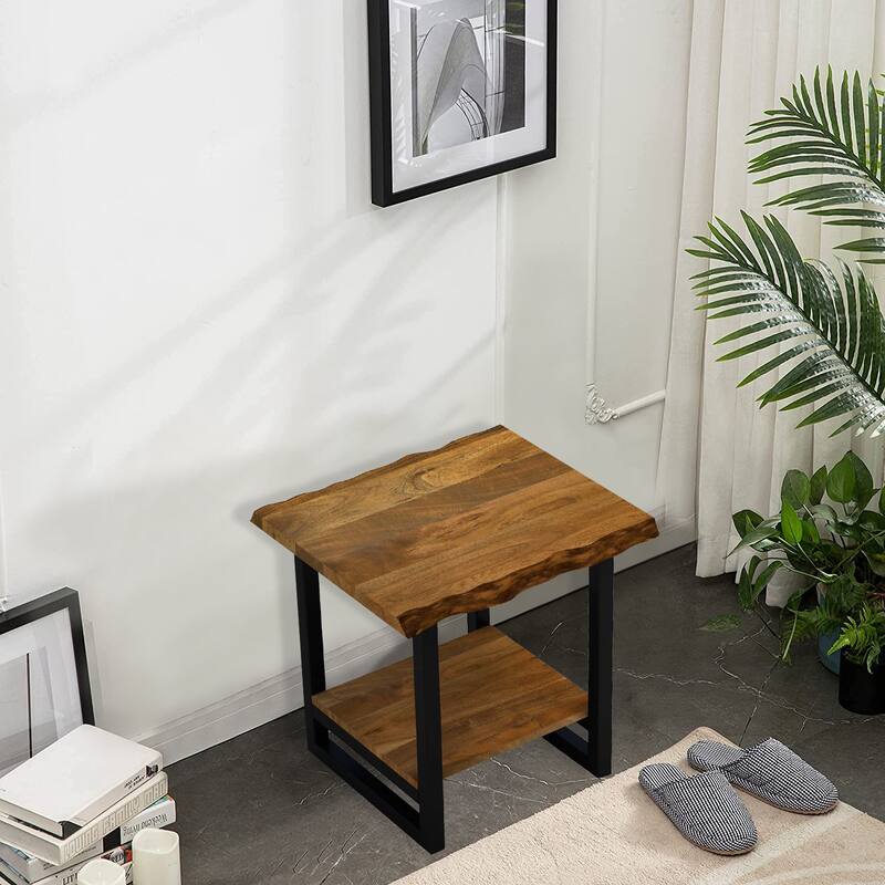 Brown Solid Wood Square End Table with Black Iron Frame and Storage Shelf - 20” x 20” x 24” (D x W x H)