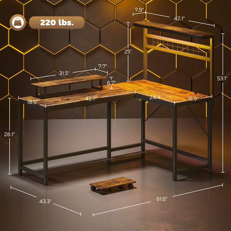 Computer Desk with Monitor Stand and CPU Shelf,L Shaped Gaming Desk with Power Outlets & LED Lights