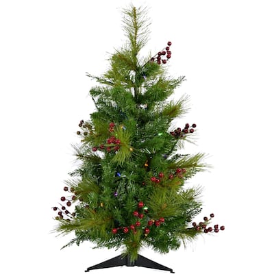 Christmas Time 2-Ft. Red Berry Mixed Pine Artificial Tree with Battery-Operated Multi-Colored LED String Lights