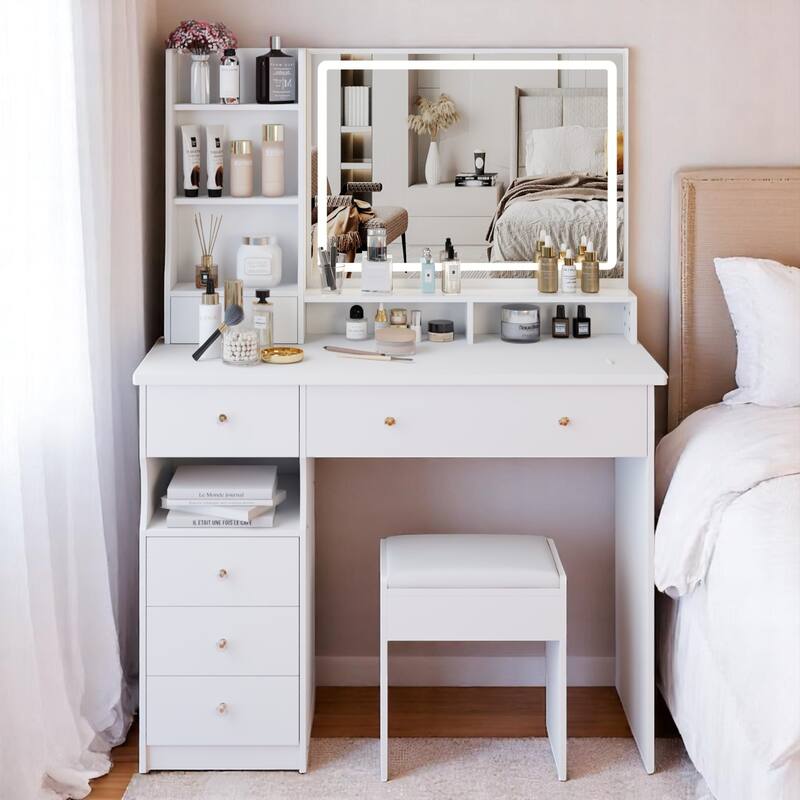 KISRAIS 41" Large Size Fashion Vanity Desk with Mirror and Lights, 3 Color Lighting Brightness Adjustable
