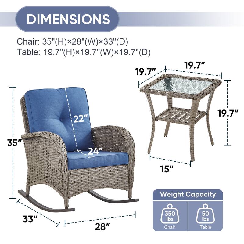 PlainCurve 3-Piece Wicker Outdoor Patio Conversation Set with Rocking Chairs and Olefin Cushions