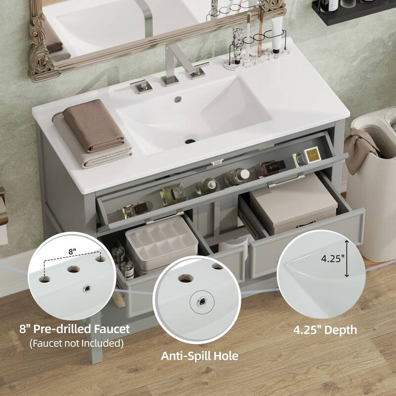 36" Bathroom Vanity with Ceramic Sink, Tip-Out Tray, Full-Extension Drawers, Soft-Close Slides, and Open Shelf