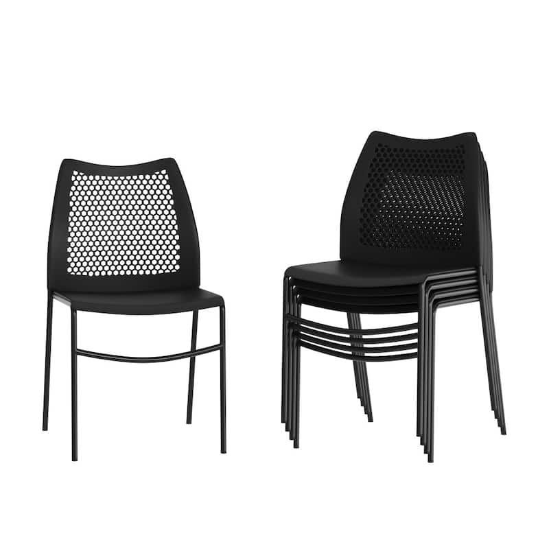 5 Pack Stackable Chair with Vented Back and Waterfall Seat - 17.75"W x 21.5"D x 32"H - Black Plastic/Black Frame