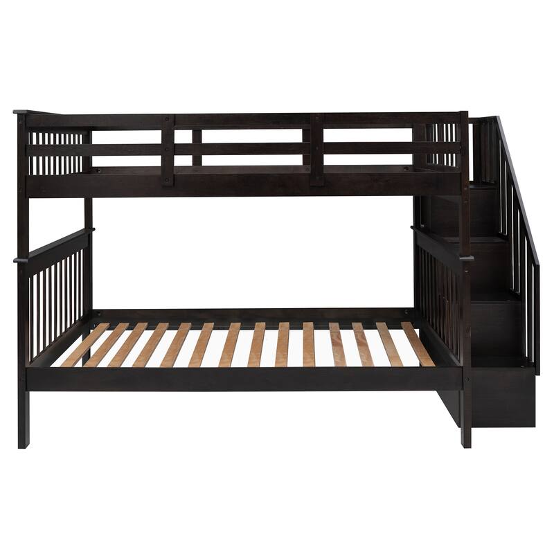 Full-Over-Full Bunk Bed with Storage Stairs and Guard Rail, Espresso Finish