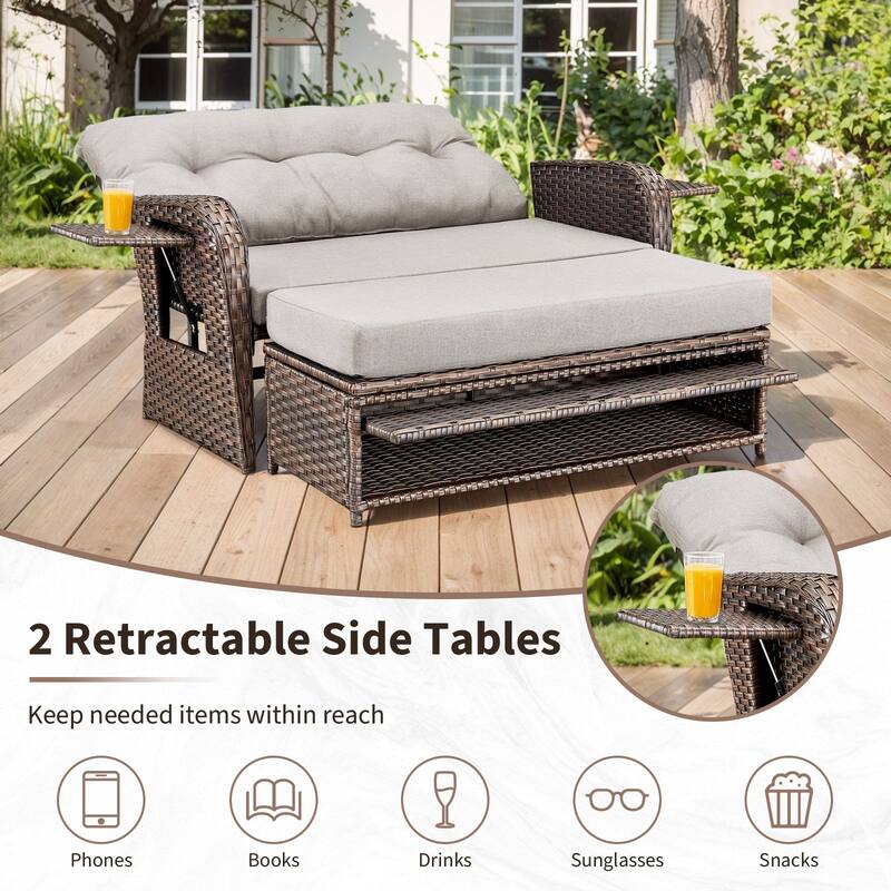 Gymojoy Adjustable Outdoor Wicker Daybed Patio Sofa Bed, 5-Position with Storage Ottoman