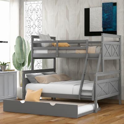 Gray Twin over Full Bunk Bed with Inclined Ladder and Trundle