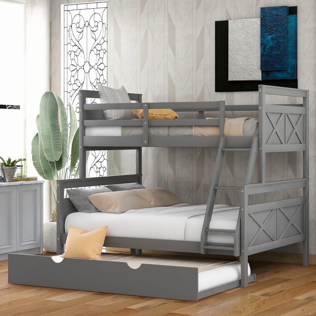 Gray Twin over Full Bunk Bed with Inclined Ladder and Trundle