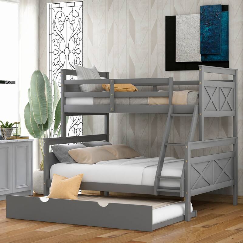 Modern Casual Style Gray Twin over Full Bunk Bed with Ladder Twin Size Trundle and Safety Guardrail Suitable for Bedroom - Grey