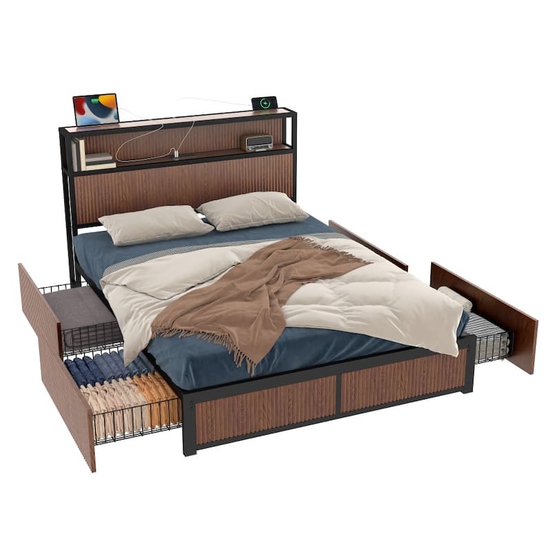Wooden Platform Bed Frame with Multiple Drawer Storage Function, Bedside Socket