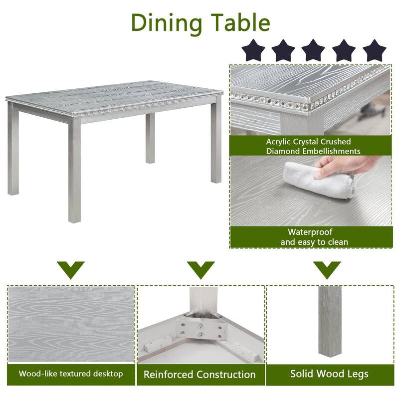 Elegant 6-Piece Dining Table Set with Acrylic Crystal Detailing, Wooden Table with 4 Chairs and Bench