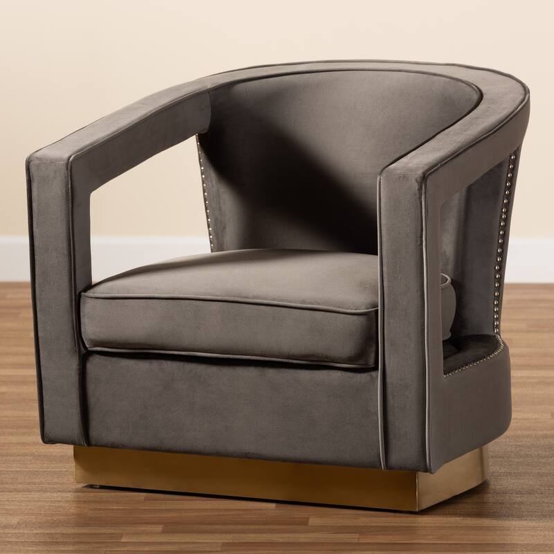 Neville Modern Luxe and Glam Grey Velvet and Metal Armchair