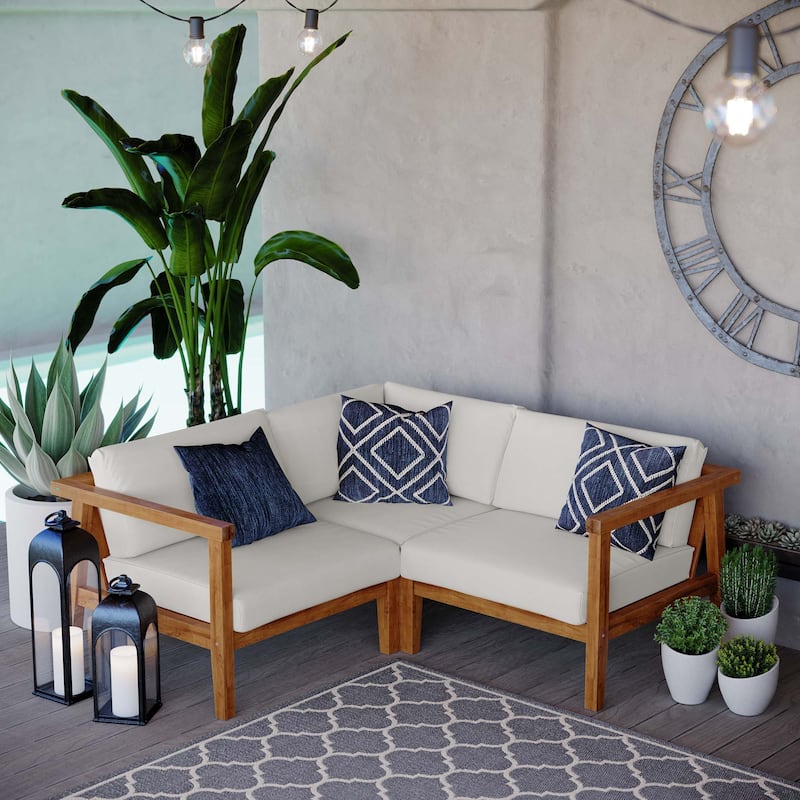 Bayport Outdoor Patio Teak Wood 3-Piece Sectional Sofa Set - White