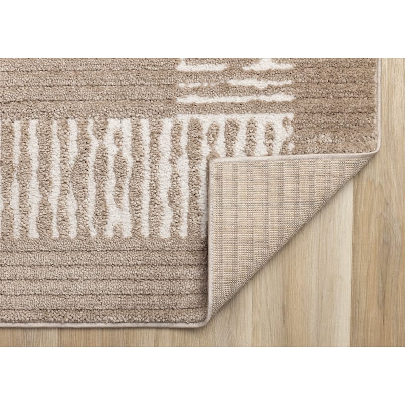 Taupe White Striped Border Soft Textured Rug