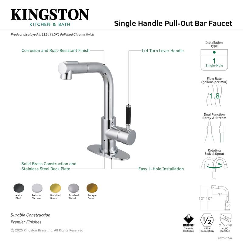Kingston Brass Kaiser Single-Handle 1-or-3 Hole Deck Mount Pull-Out Sprayer Kitchen Faucet