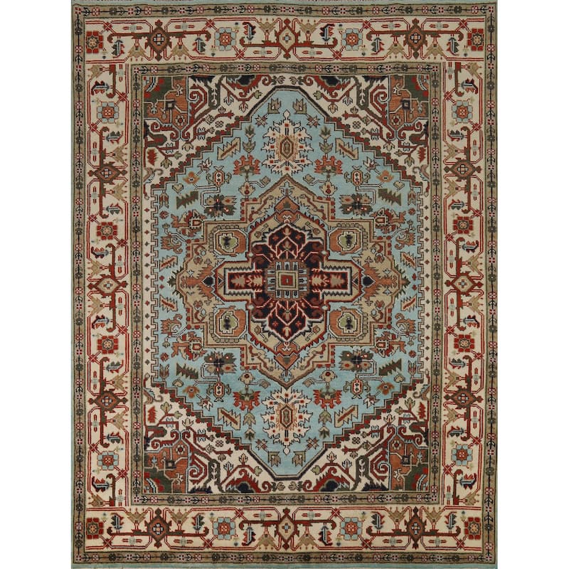 Light Blue Geometric Heriz Serapi Indian Rug Hand-Knotted Wool Carpet - 8'0" x 9'9"