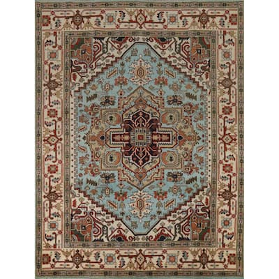 Light Blue Geometric Heriz Serapi Indian Rug Hand-Knotted Wool Carpet - 8'0" x 9'9"