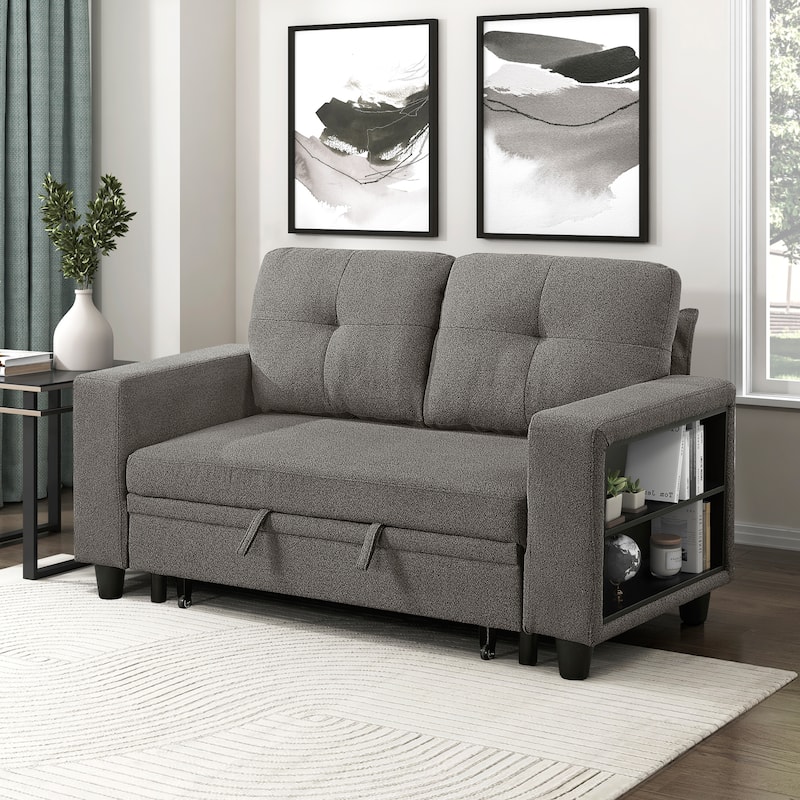 Hazel 56.5" Boucle 2-Seater Loveseat - Pull-out Bed, Shelves, USB Port