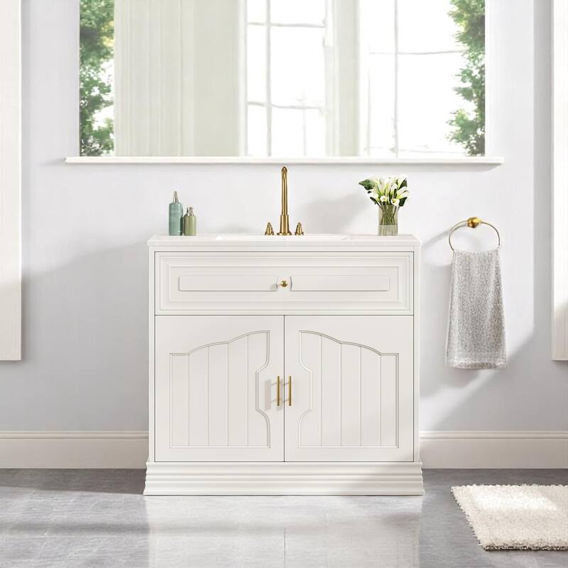 36" Bathroom Vanity with Ceramic Sink, Solid Wood Frame Cabinet with 2 Soft-Close Doors & Adjustable Shelves - White