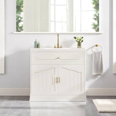 36" Bathroom Vanity with Ceramic Sink, Solid Wood Frame Cabinet with 2 Soft-Close Doors & Adjustable Shelves
