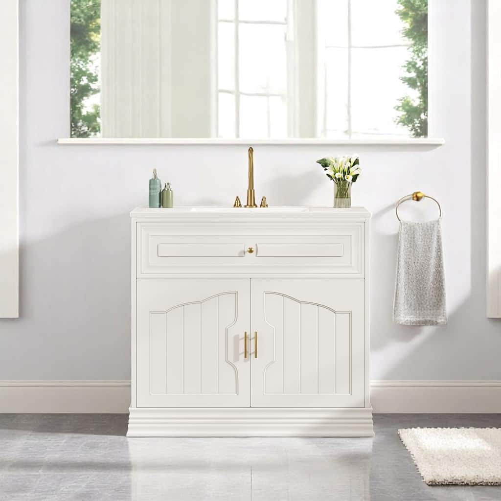 36" Bathroom Vanity with Ceramic Sink, Solid Wood Frame Cabinet with 2 Soft-Close Doors & Adjustable Shelves