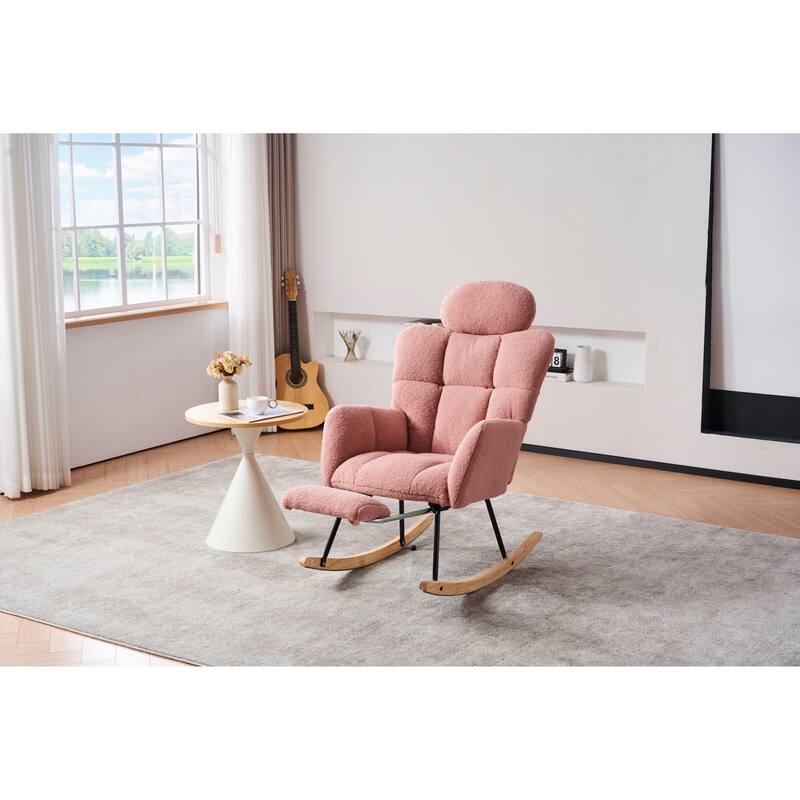 Teddy Fabric Upholstered Modern Nursery Rocking Chair with Footrest & High Backrest