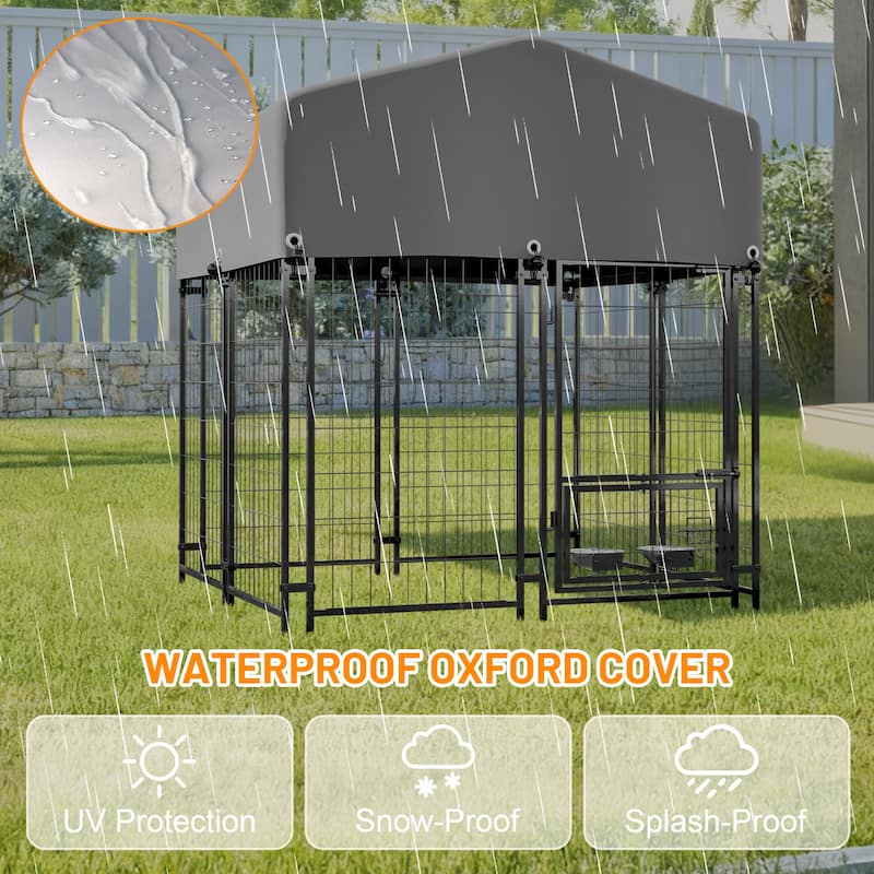 GDFStudio - Large Outdoor Heavy Duty Metal Dog Kennel with Roof, UV-Resistant Waterproof Cover, Double Lock & Rotating Feeder