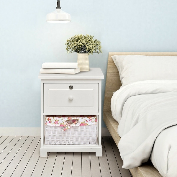 Shop Costway 2 Tiers Wood Nightstand 1 Drawer 1 Basket Bedside End Table Organizer White Overstock 20516954