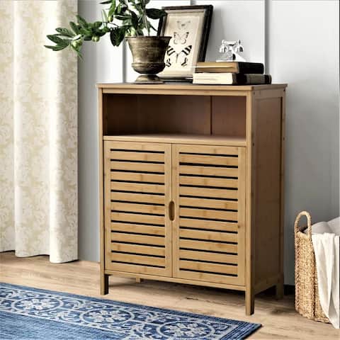 VEIKOUS Bamboo Floor Storage Cabinet with Shelves and Cupboard - 31.9''H x25.8''W x12.2''D
