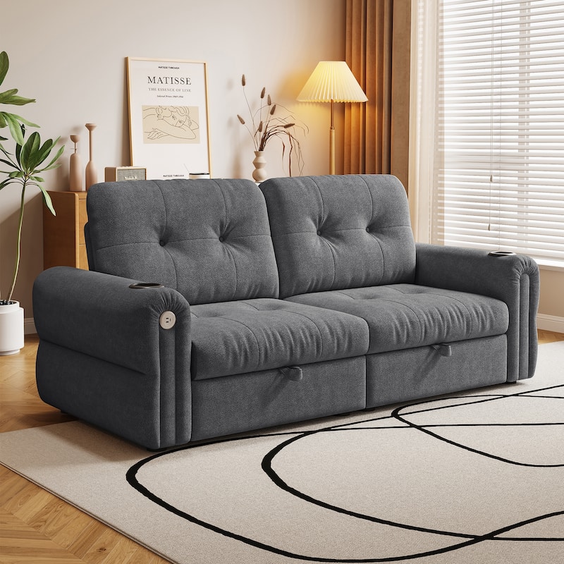 GDFStudio - Chenille Convertible 2-Seater 74" Sofa Bed - DARK GREY