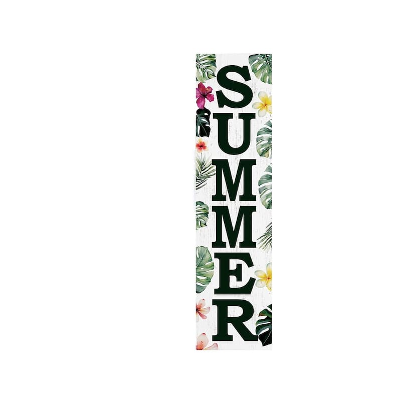 HomeRoots 36" Green Pink And White Solid Wood Tropical Floral Summer Porch Sign