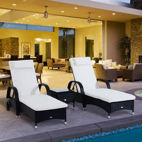 Outsunny 3 Pieces Patio Wicker Chaise Lounge Chair Set, Adjustable Outdoor PE Rattan Cushioned Lounge Set of 2 with Armrests