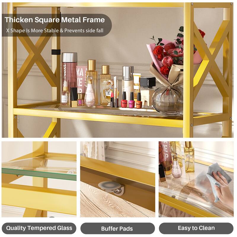 Modern Gold Bookshelf with Tempered Glass Shelves, 3-5 Tires Display Storage Shelving