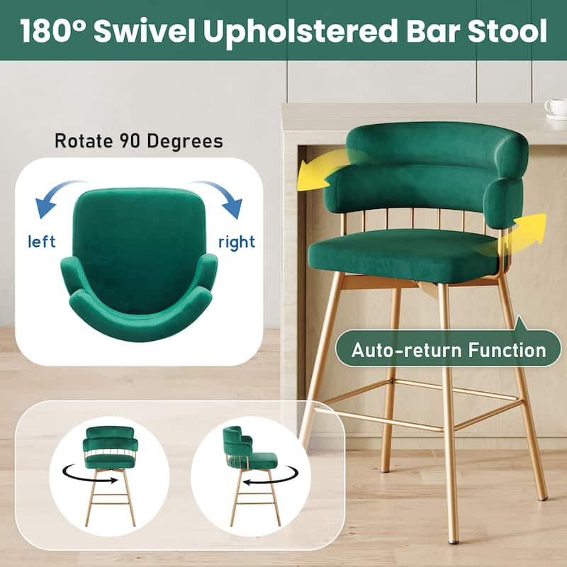 26 Inch Bar Stools Set of 2 Swivel Upholstered Back Metal Legs