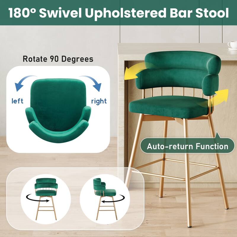 Roomfitters 26-Inch Swivel Counter Height Bar Stools Set of 2, Modern Industrial Upholstered Bucket Seat with Golden Legs, Green