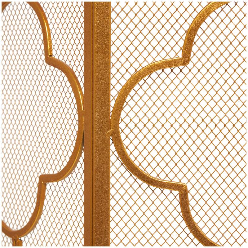 Metal Geometric Foldable Mesh Netting 3 Panel Fireplace Screen with Quatrefoil Design - Gold - Roche River Decor