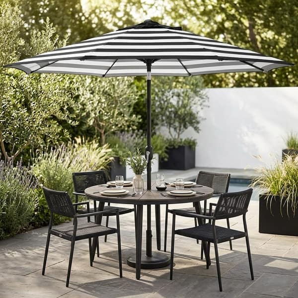 black patio umbrella 9 ft 9-ft Black and White Striped Patio Umbrella with Tilt and Crank, UV-Resistant Polyester